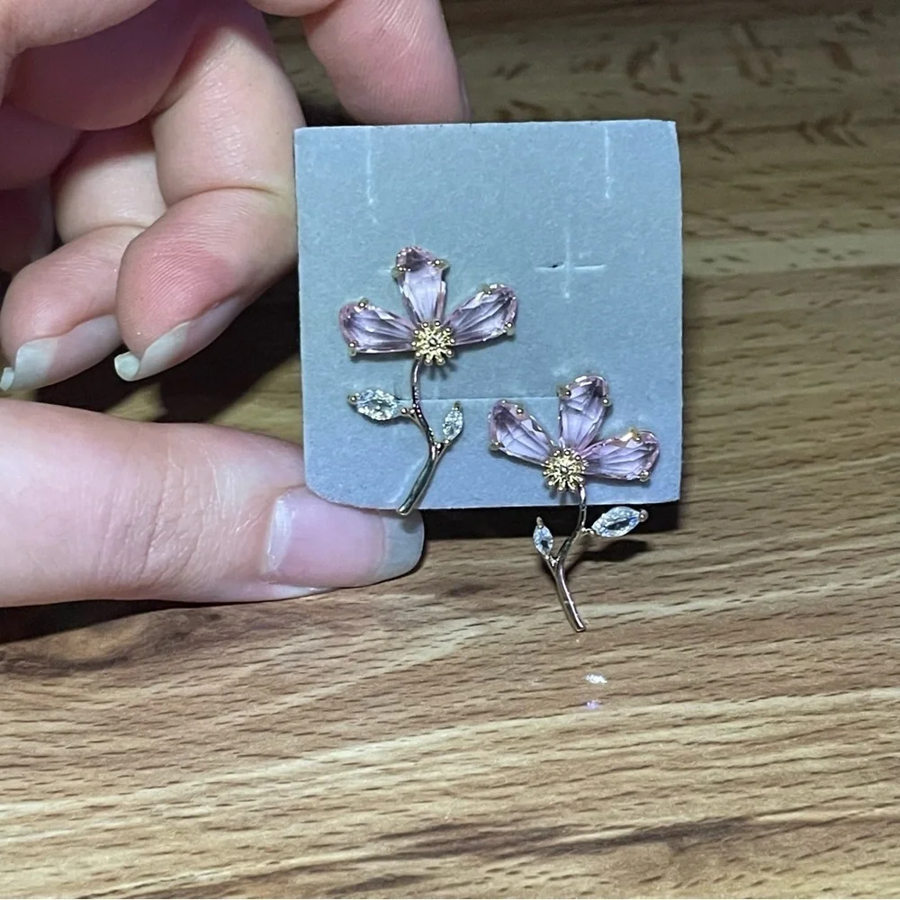 Pink Flower Stem Women Earrings  14K Gold Plated